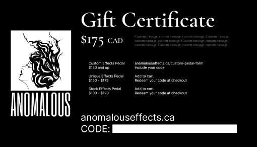 The gift certificate displaying the amount, space for a custom message, effects pedal prices, and a unique code.